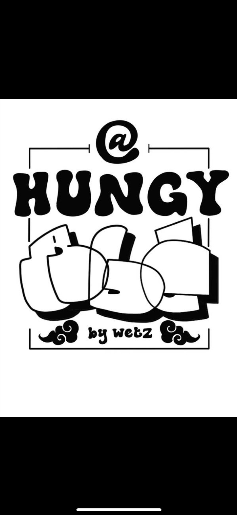 Czarno-białe logo 'Hungy' z symbolem @ nad napisem i stylizowanymi elementami graffiti poniżej, autorstwa 'wetz'.