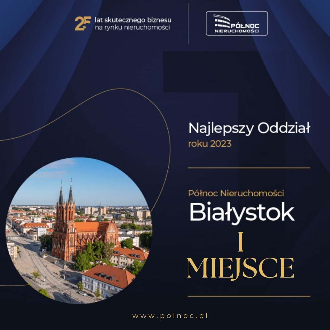 Grafika reklamowa Północ Nieruchomości z widokiem na architekturę Białegostoku, informująca o zdobyciu nagrody Najlepszy Oddział roku 2023, z logo firmy i adresem strony internetowej
