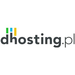 Logo firmy dhosting.pl z kolorowymi kwadratami nad literą 'd', na białym tle.