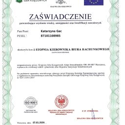 Zaświadczenie potwierdzające uzyskanie kwalifikacje Kierownika Biura Rachunkowego I stopnia