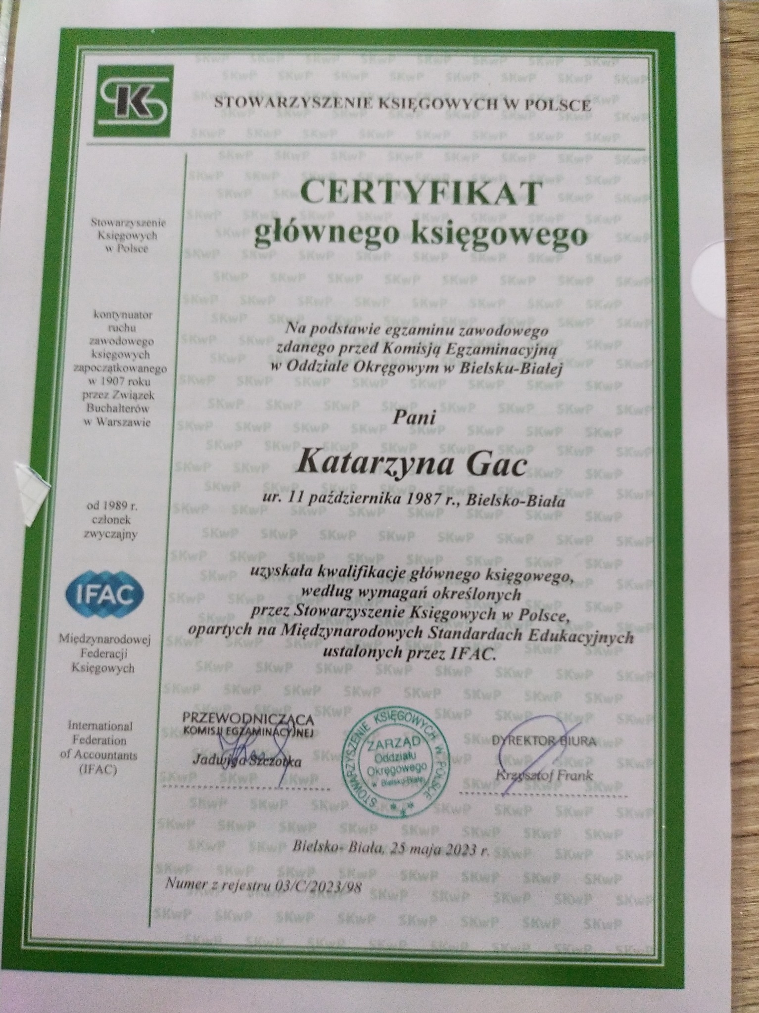 Certyfikat uzyskania tytułu głównego księgowego w 2023r.