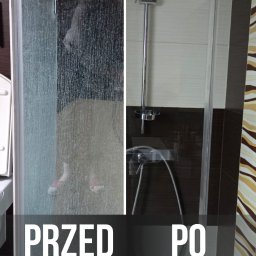 Czysta Magia - Kabina prysznicowa: widok przed i po czyszczeniu. Po lewej stronie osad i brud, po prawej lśniąca czystość. Kontrastowe ujęcie z bliska, ukazujące skuteczność usługi.