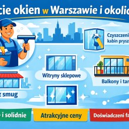 Czysta Magia - Ilustracja: Usługi mycia okien w Warszawie i okolicach. Oferta obejmuje witryny sklepowe, balkony, kabiny prysznicowe. Gwarancja braku smug, szybka realizacja i atrakcyjne ceny.