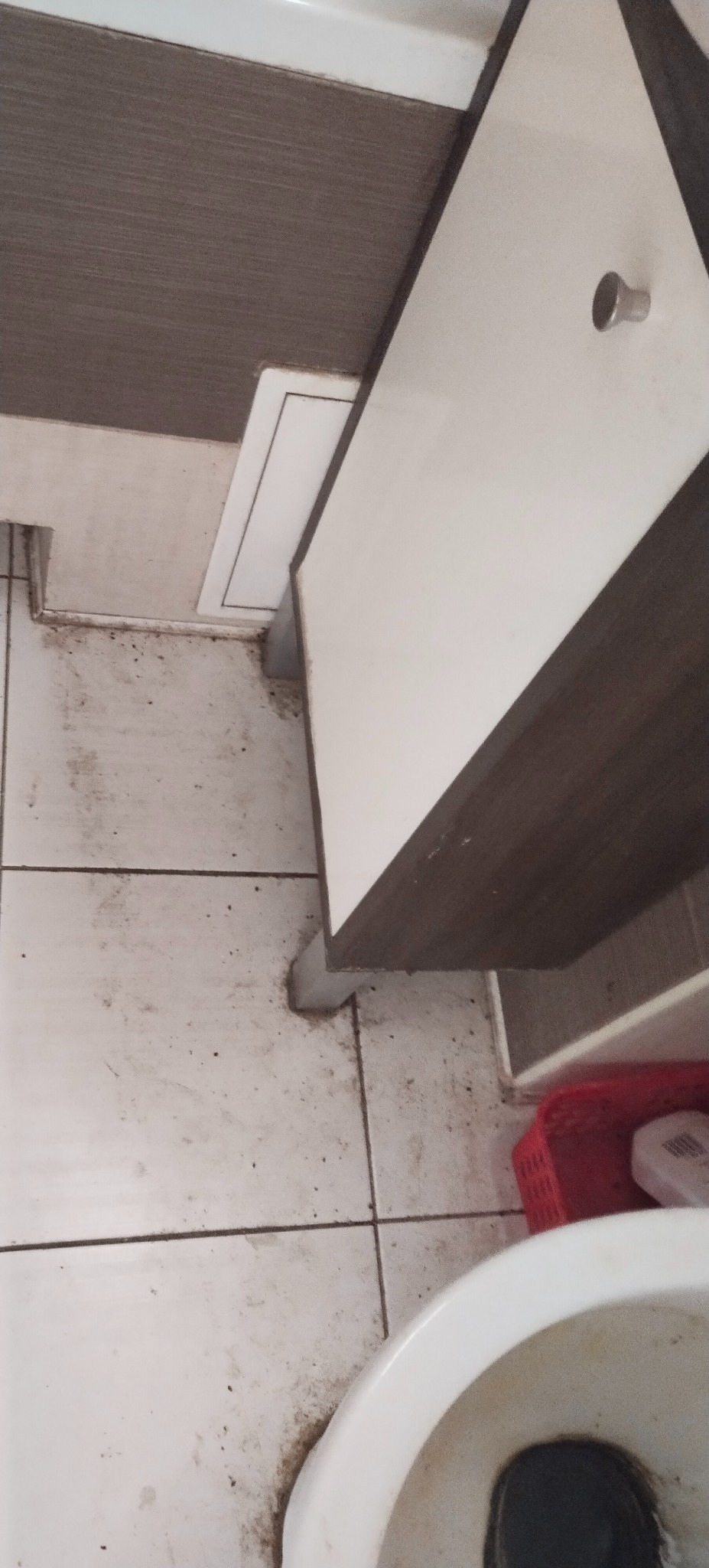 Zaniedbana łazienka z brudnymi fugami, widoczne płytki podłogowe, fragment toalety i szafki. Wymaga gruntownego sprzątania.