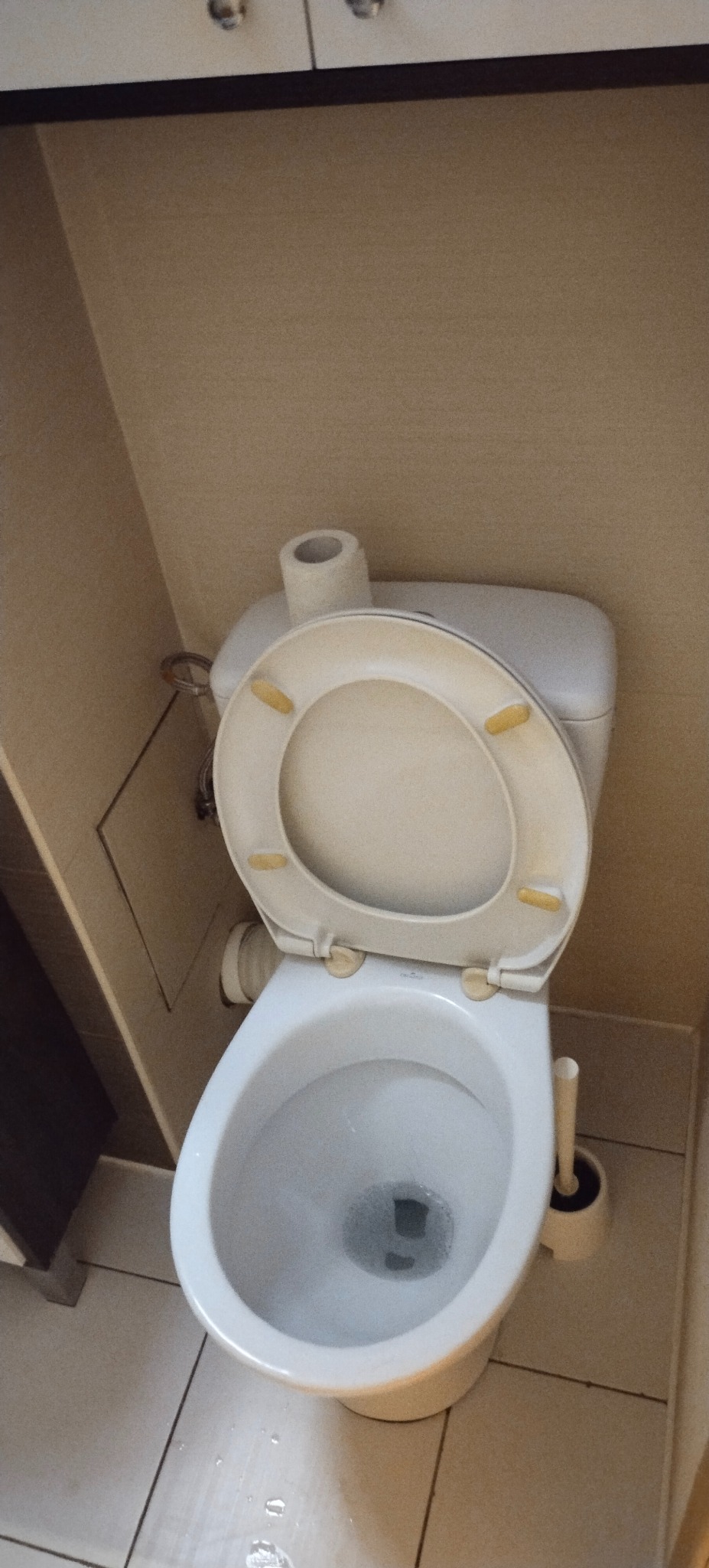 Biała toaleta z otwartą klapą i rolką papieru toaletowego na zbiorniku, widoczna szczotka do WC. Na podłodze woda. Ujęcie z góry, w łazience o beżowych ścianach.