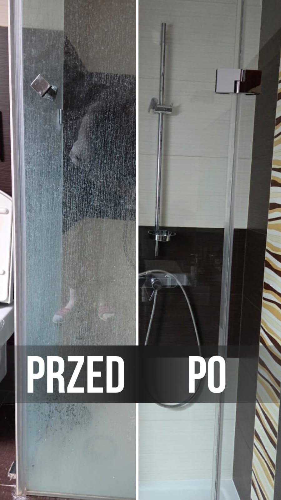 Kabina prysznicowa: widok przed i po czyszczeniu. Po lewej stronie osad i brud, po prawej lśniąca czystość. Kontrastowe ujęcie z bliska, ukazujące skuteczność usługi.