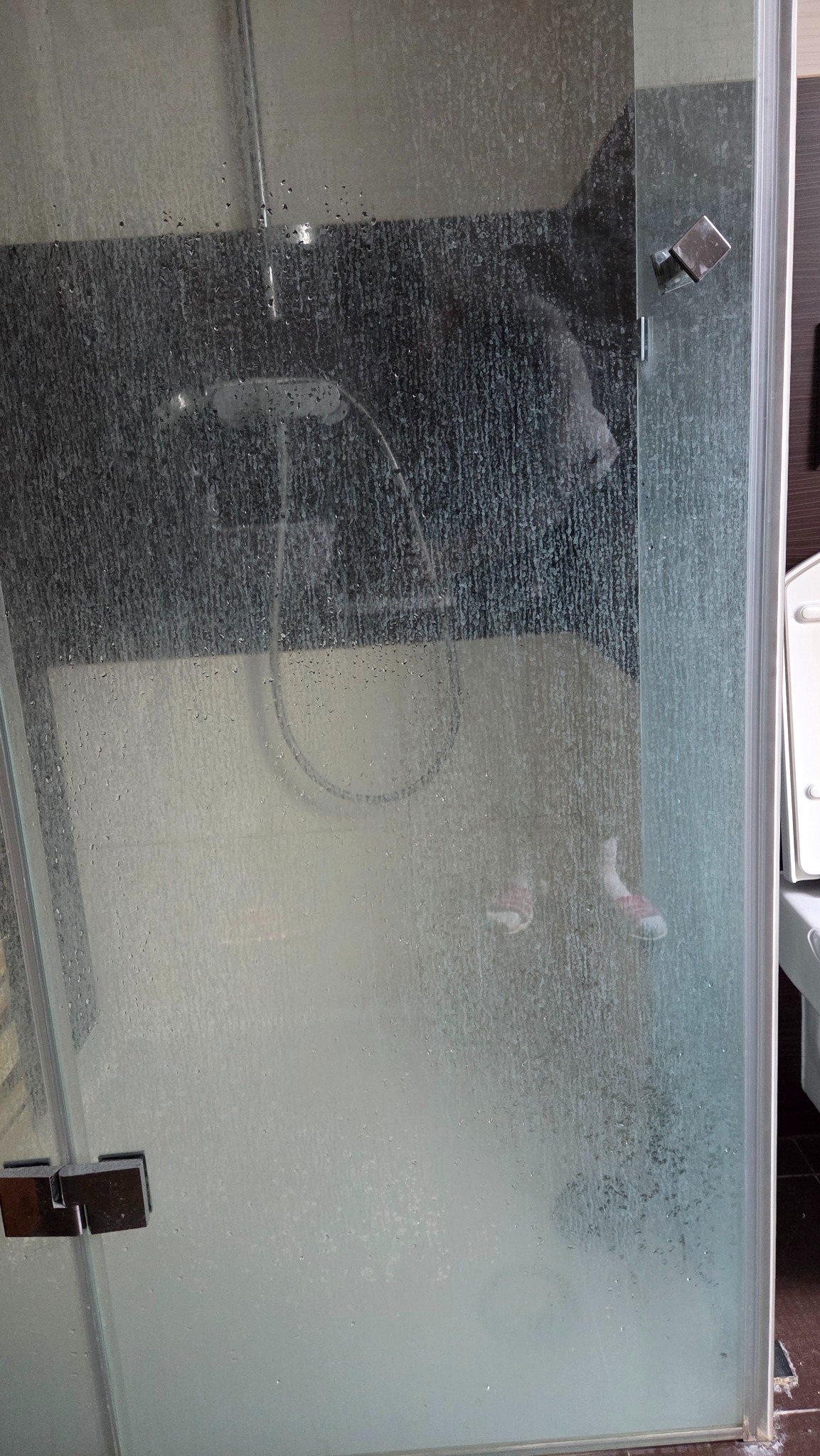 Zapuszczona kabina prysznicowa z widocznymi zaciekami i osadem, wymagająca gruntownego czyszczenia. Widoczne krople wody i nieprzejrzysta powierzchnia szkła.