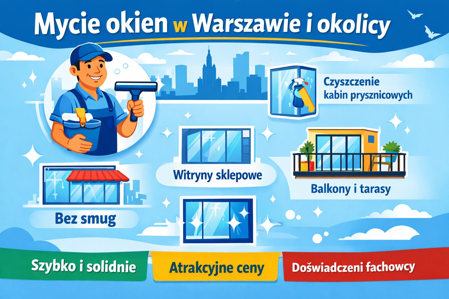 Ilustracja: Usługi mycia okien w Warszawie i okolicach. Oferta obejmuje witryny sklepowe, balkony, kabiny prysznicowe. Gwarancja braku smug, szybka realizacja i atrakcyjne ceny.
