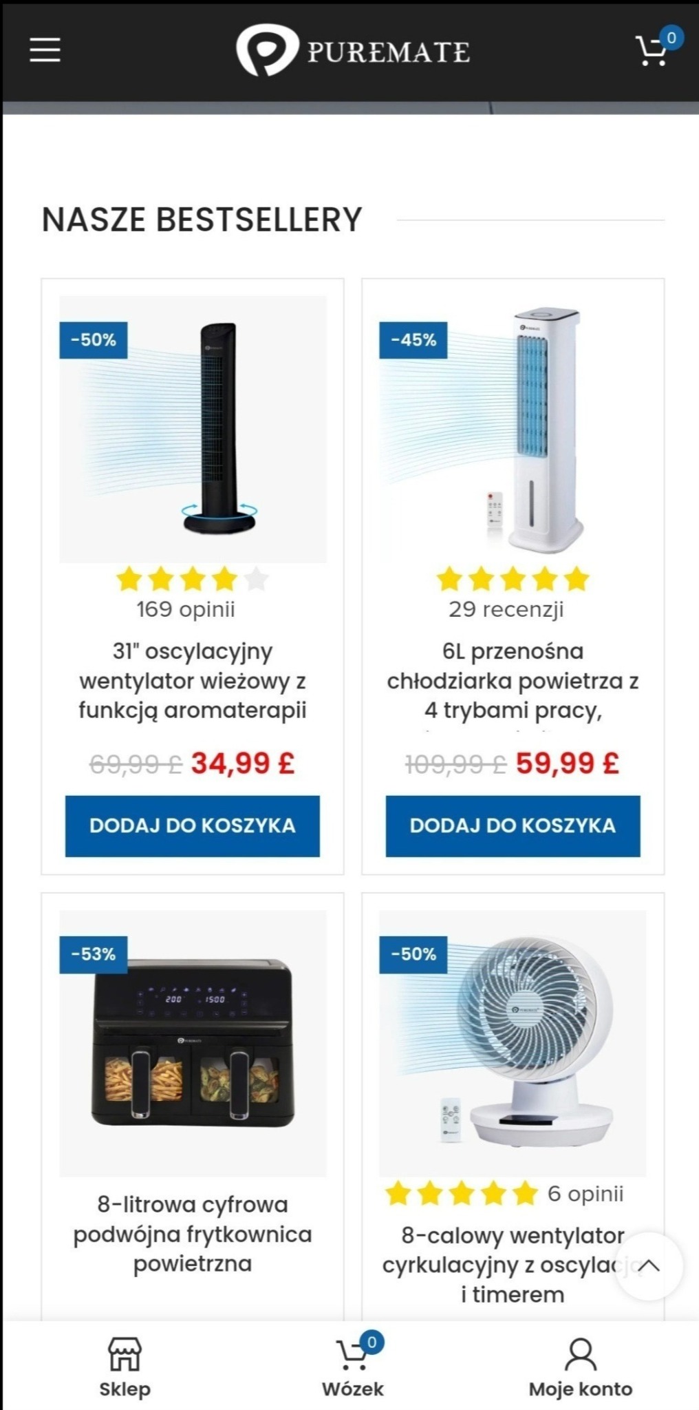 Ekran smartfona prezentujący stronę internetową z ofertą bestsellerów marki Puremate, w tym oscylacyjny wentylator wieżowy z aromaterapią, przenośna chłodziarka powietrza, cyfrowa frytkownica...