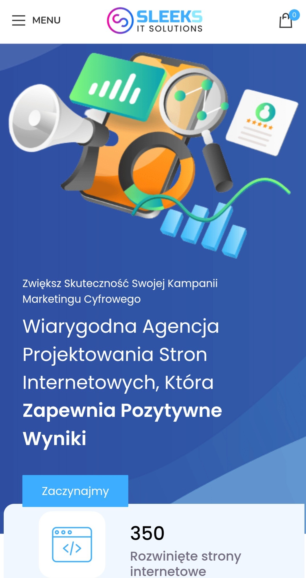 Graficzna ilustracja koncepcji projektowania stron internetowych z elementami takimi jak megafon, lupa, wykresy i smartfon, symbolizująca agencję interaktywną.