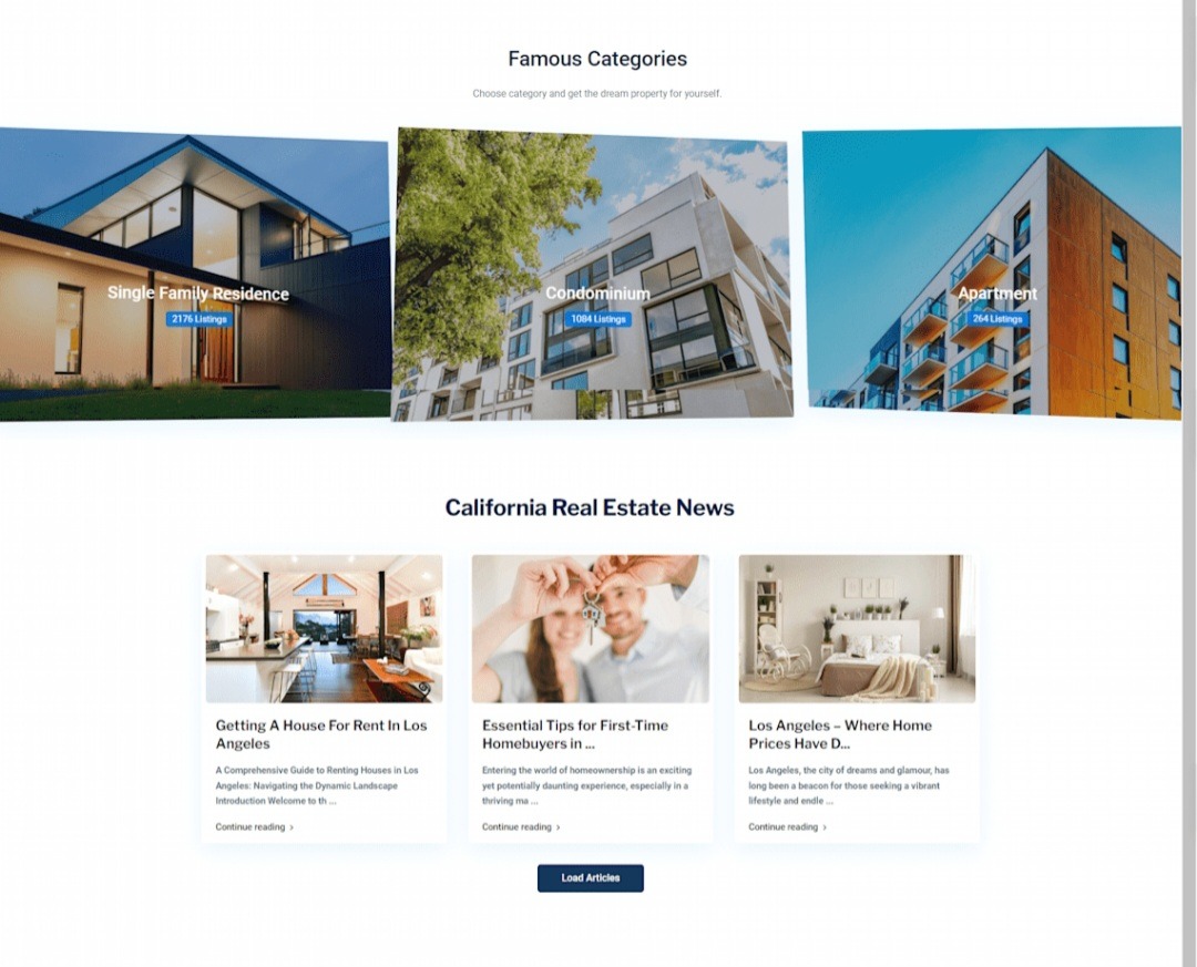 Układ strony internetowej z kategoriami nieruchomości: dom jednorodzinny, apartamentowiec, mieszkanie oraz artykuły o rynku nieruchomości w Kalifornii. Minimalistyczny design z wyraźnymi zdjęciami...