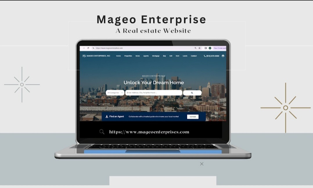 Laptop wyświetla stronę internetową Mageo Enterprises z nagłówkiem 'A Real estate Website', widok na panoramę miasta w tle, pasek wyszukiwania z napisem 'Unlock Your Dream Home'.