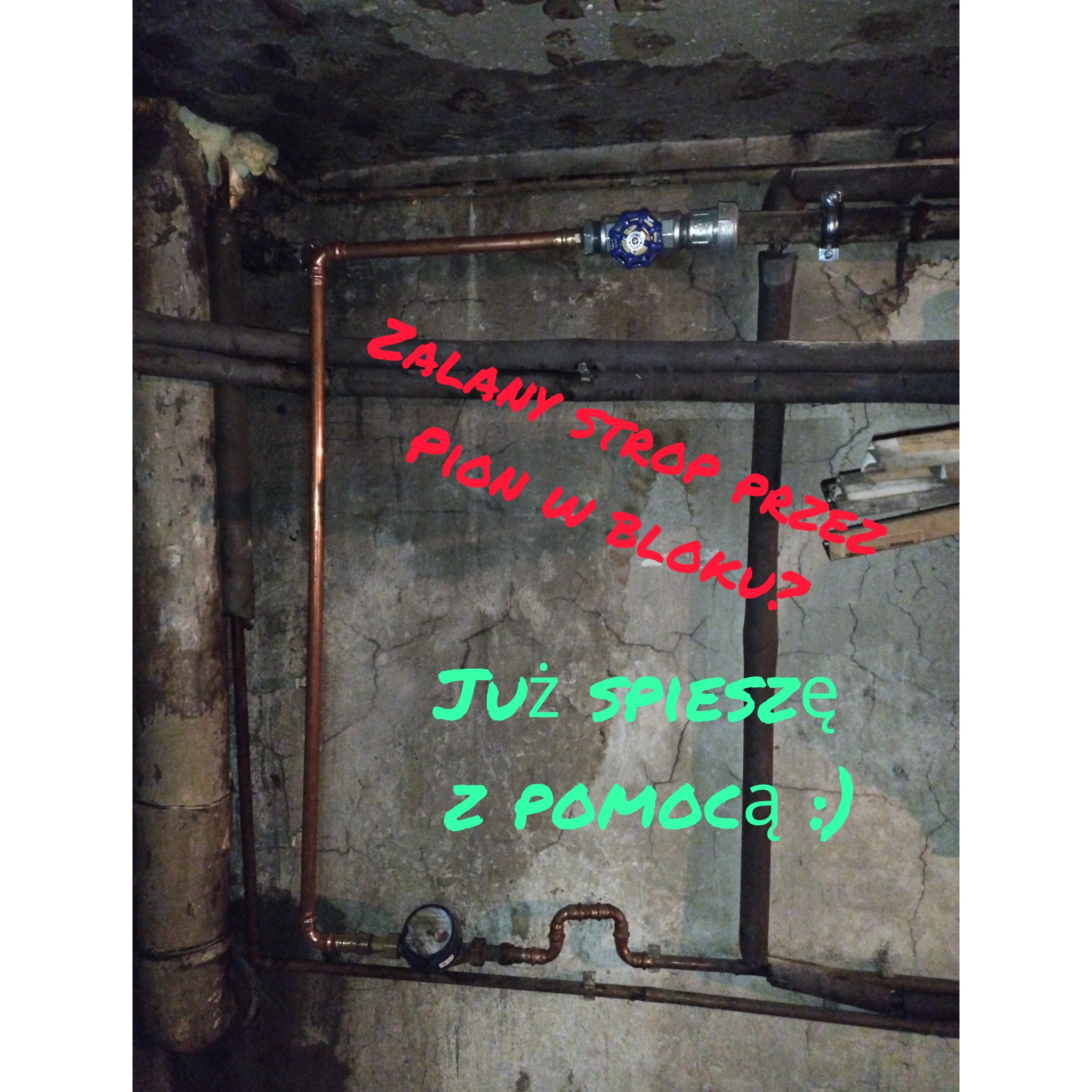 Pion instalacji wodnej z zaworem odcinającym, widoczne rury miedziane i stalowe w piwnicy, manometr. Ściany i sufit w złym stanie.