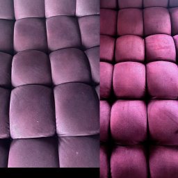 Para Błysk - Fragment fioletowej, pluszowej kanapy modułowej, po lewej stronie widoczne ślady użytkowania, po prawej stronie odświeżony kolor po czyszczeniu.