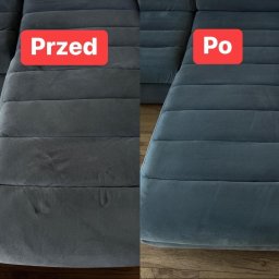Para Błysk - Porównanie stanu kanapy przed i po czyszczeniu: po lewej stronie widoczny ciemniejszy, zabrudzony materiał, po prawej - jaśniejszy, odświeżony odcień. Widoczna drewniana podłoga.