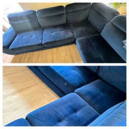 Para Błysk - Dwuczęściowe ujęcie narożnika z ciemnoniebieskiej tapicerki welurowej przed i po czyszczeniu, widoczna różnica w kolorze i brak zabrudzeń na dolnym zdjęciu.
