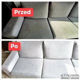 Para Błysk - Dwu-częściowe zdjęcie przedstawia szarą kanapę przed i po czyszczeniu. Górna część pokazuje zabrudzenia na siedzisku i podłokietniku, natomiast dolna część ukazuje kanapę po usunięciu plam.