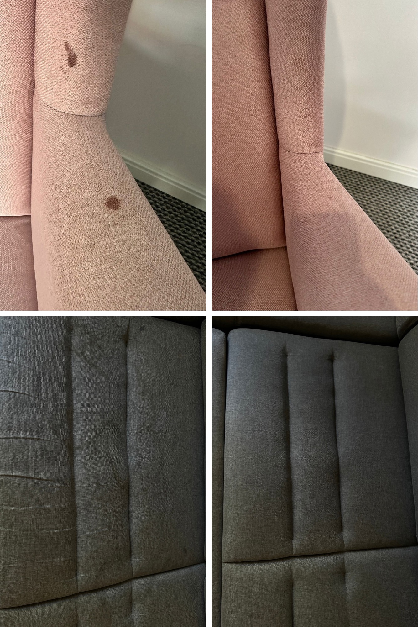 Kolaż przedstawia fragment fotela z plamami na różowej tapicerce przed i po czyszczeniu oraz fragment szarej sofy z widocznymi plamami przed i po zabiegu odświeżającym.