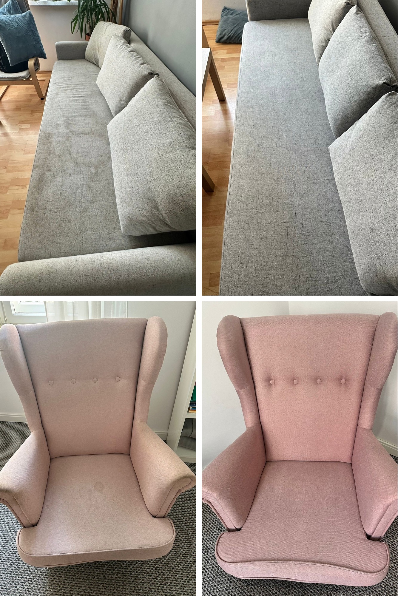Kolaż przedstawiający sofę z jasną tapicerką przed i po czyszczeniu, oraz różowy fotel typu uszak z widocznymi plamami przed i po czyszczeniu.