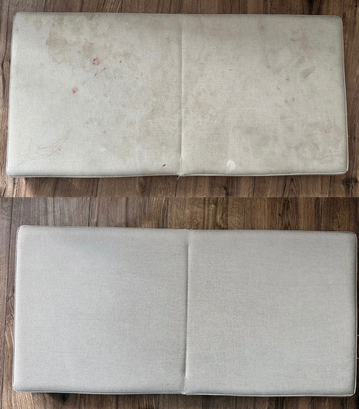 Dwa identyczne materace obok siebie, górny z widocznymi plamami i zabrudzeniami, dolny czysty i odświeżony, leżące na drewnianej podłodze.