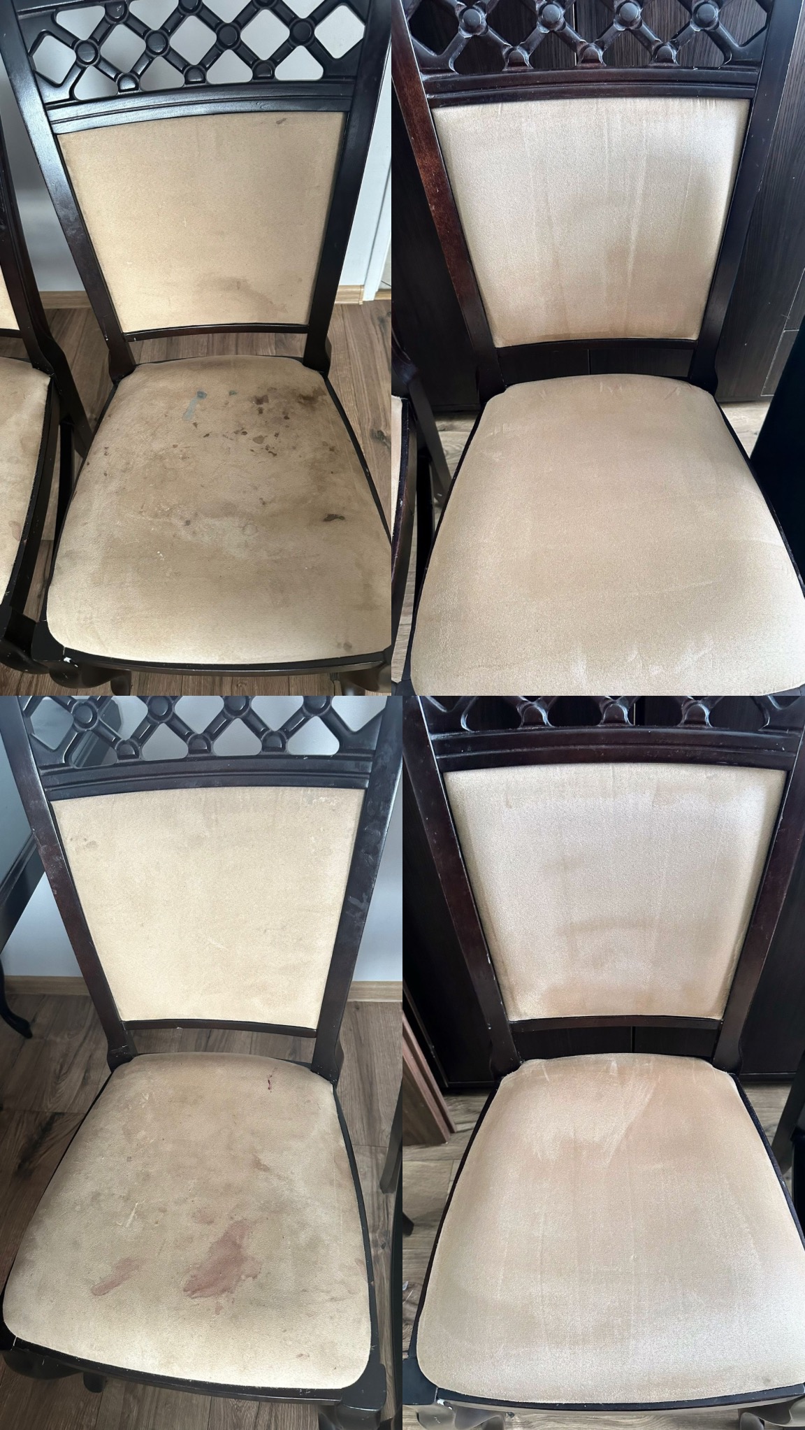 Kompozycja czterech ujęć krzeseł z tapicerowanymi siedziskami: przed i po czyszczeniu. Dwa krzesła z widocznymi plamami i zabrudzeniami, dwa po czyszczeniu, z jednolitą, jasną tapicerką.