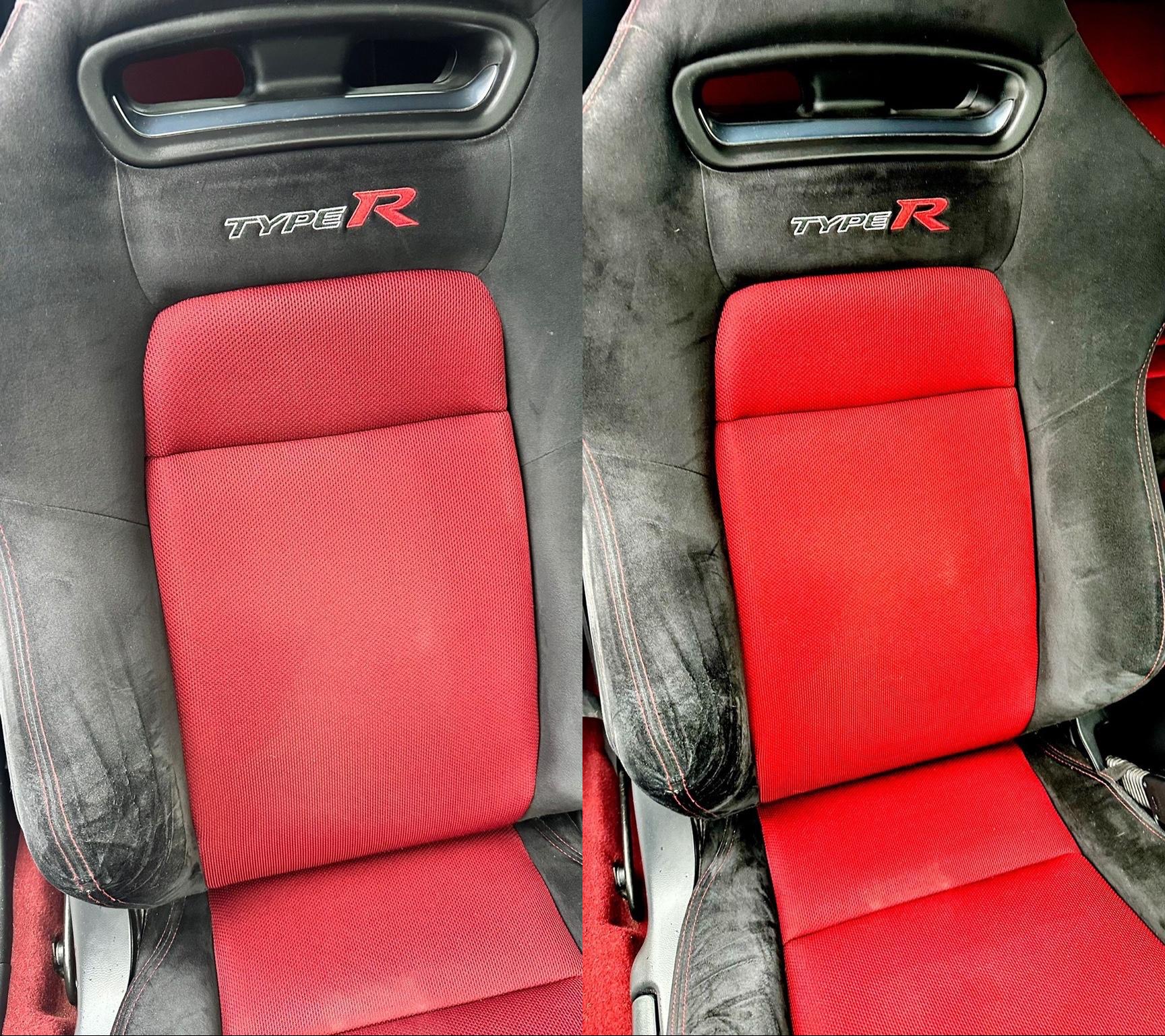 Porównanie fotela samochodowego Type R przed i po czyszczeniu, widoczne różnice w zabrudzeniach na czarnej tapicerce.