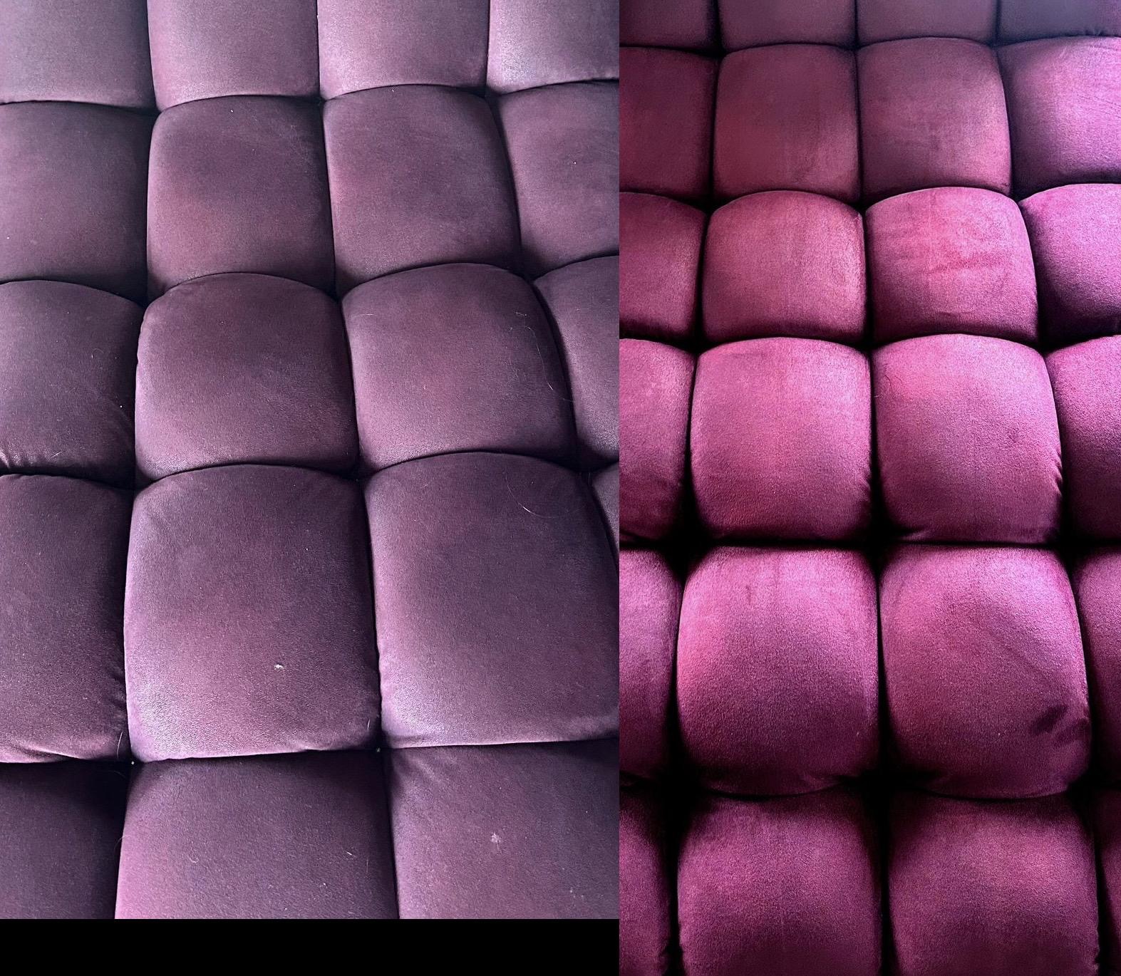 Fragment fioletowej, pluszowej kanapy modułowej, po lewej stronie widoczne ślady użytkowania, po prawej stronie odświeżony kolor po czyszczeniu.