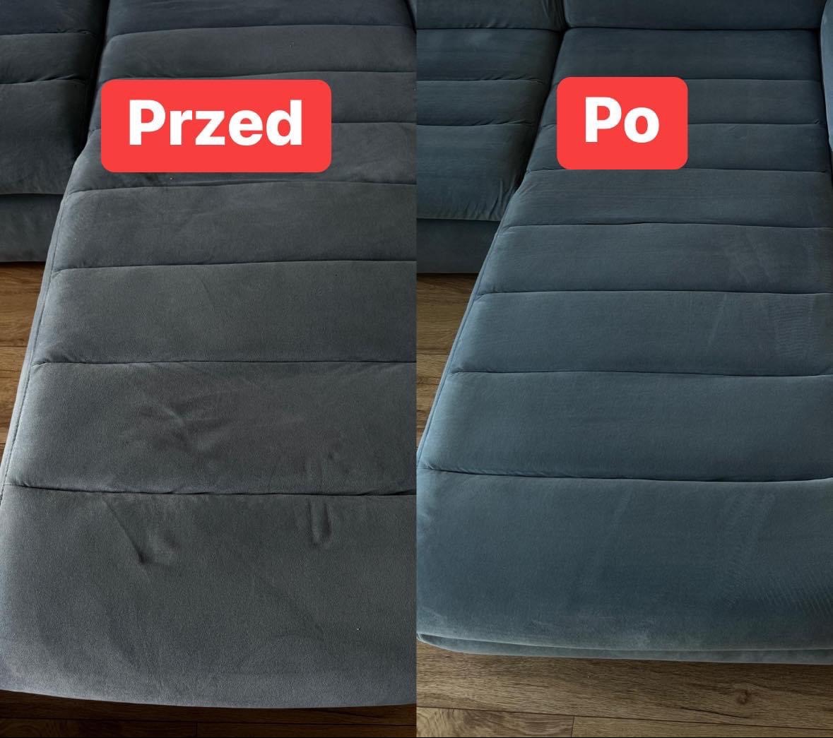 Porównanie stanu kanapy przed i po czyszczeniu: po lewej stronie widoczny ciemniejszy, zabrudzony materiał, po prawej - jaśniejszy, odświeżony odcień. Widoczna drewniana podłoga.