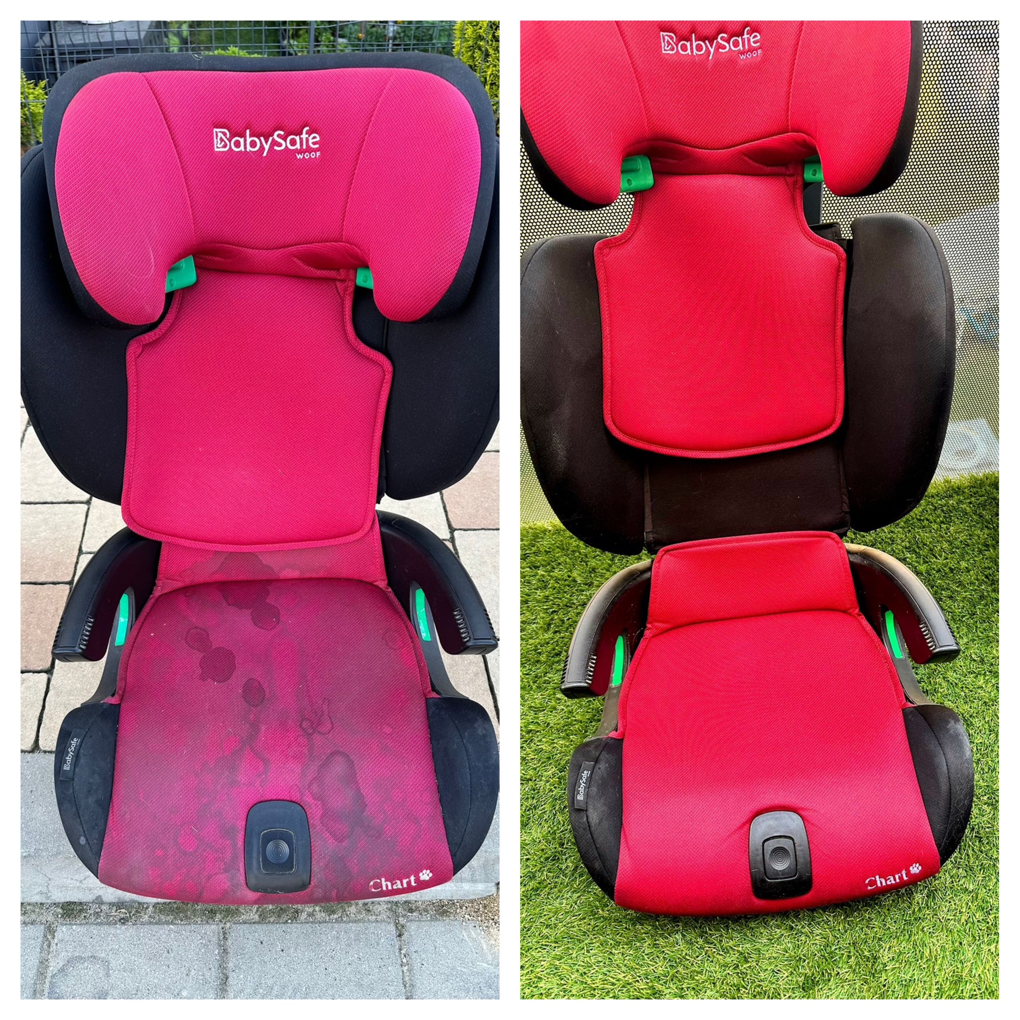 Porównanie fotelika samochodowego BabySafe przed i po czyszczeniu: po lewej stronie widoczne plamy i zabrudzenia na czerwonej tapicerce, po prawej - czysty, odświeżony fotelik.