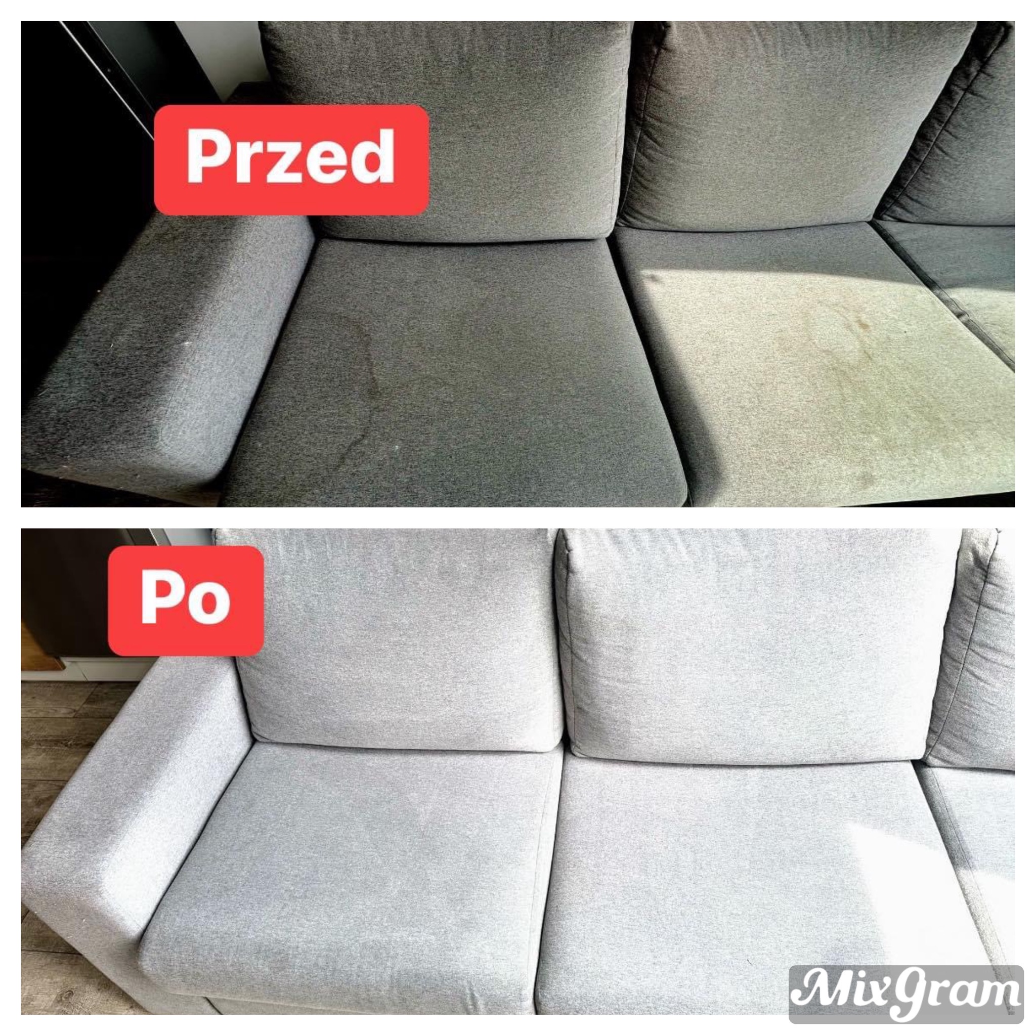 Dwu-częściowe zdjęcie przedstawia szarą kanapę przed i po czyszczeniu. Górna część pokazuje zabrudzenia na siedzisku i podłokietniku, natomiast dolna część ukazuje kanapę po usunięciu plam.