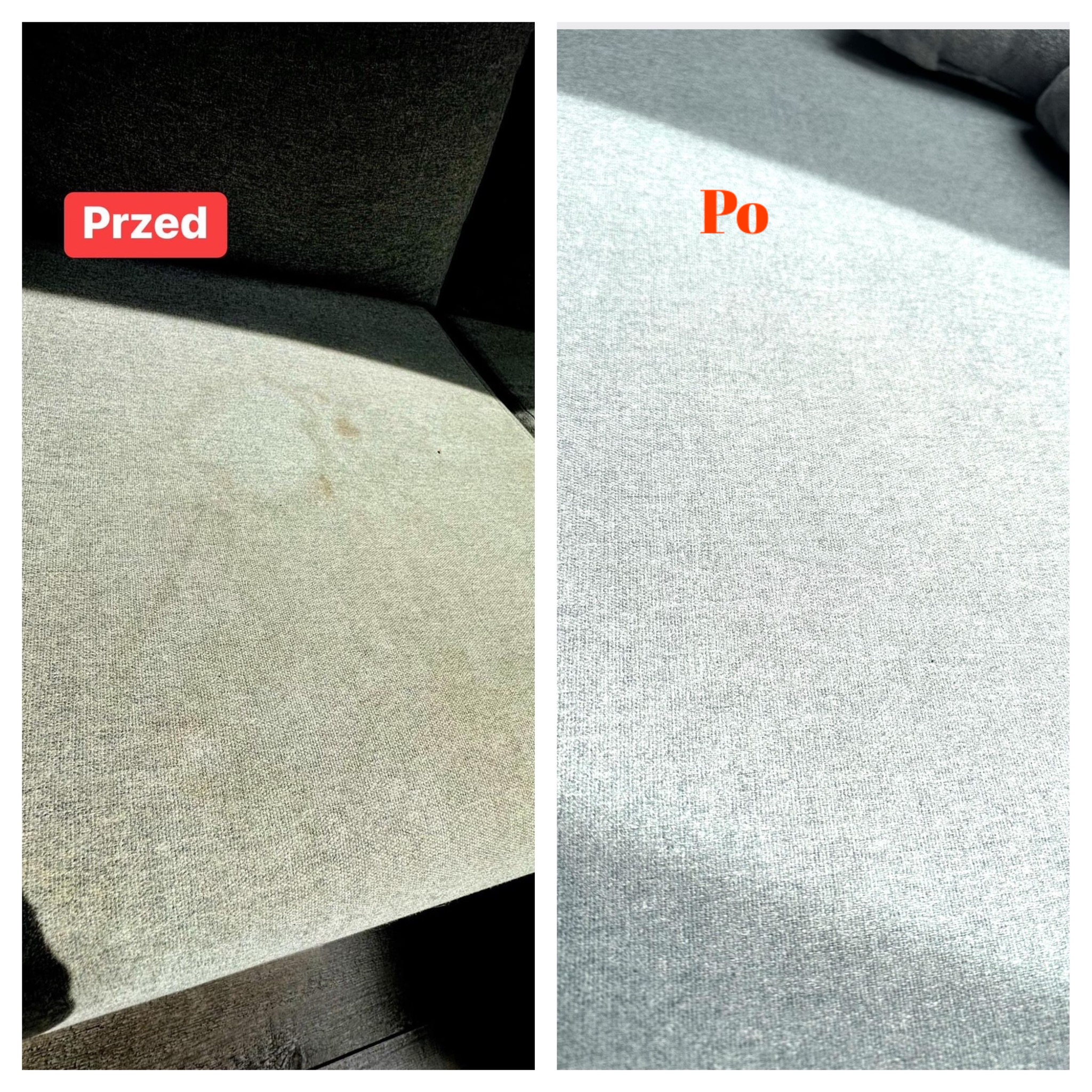 Porównanie stanu sofy przed i po praniu tapicerki w Siewierzu, widoczne usunięcie plam i odświeżenie koloru.