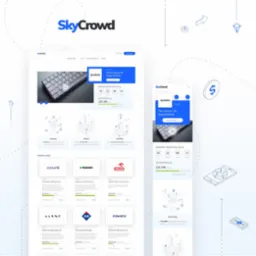 Projekt strony internetowej SkyCrowd prezentujący ofertę inwestycyjną, z widocznymi elementami interfejsu użytkownika, takimi jak licznik czasu do końca sprzedaży akcji, grafiki ilustrujące...