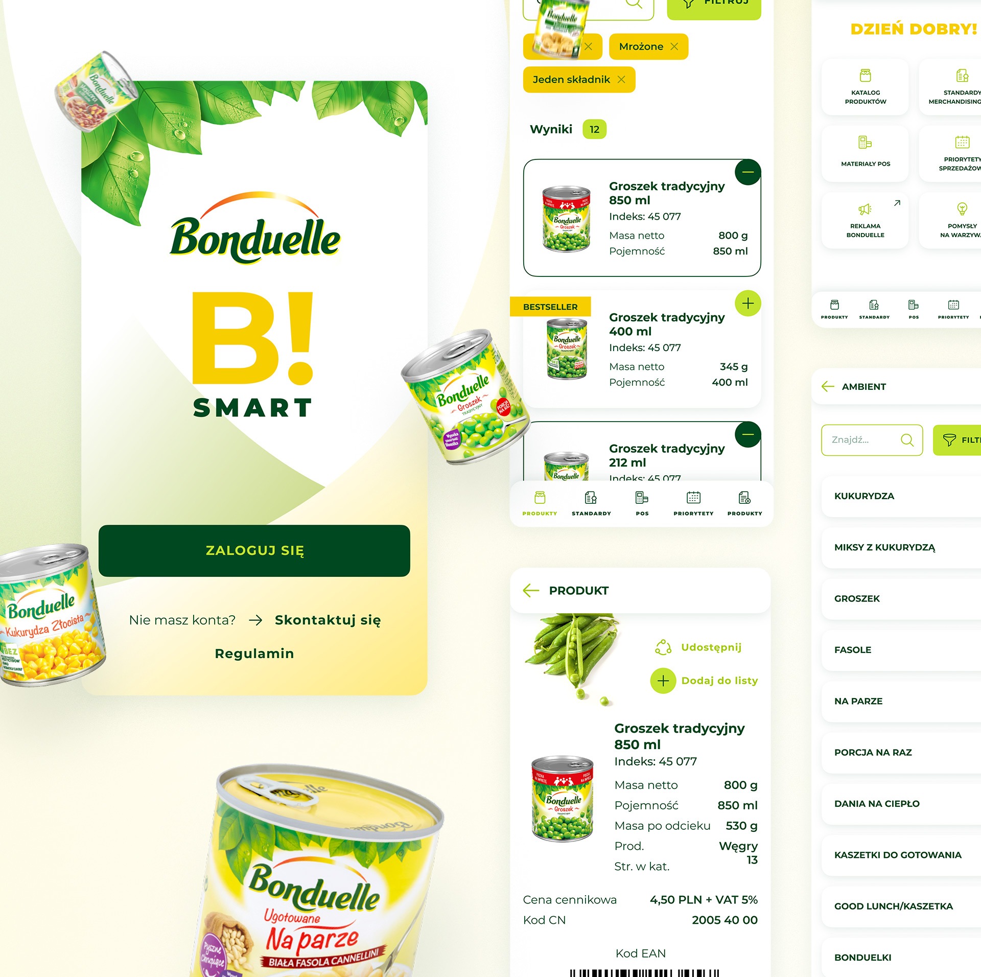 Projekt interfejsu aplikacji mobilnej B!Smart Bonduelle prezentujący katalog produktów, z możliwością filtrowania i dodawania do listy, z widocznymi puszkami kukurydzy i groszku.