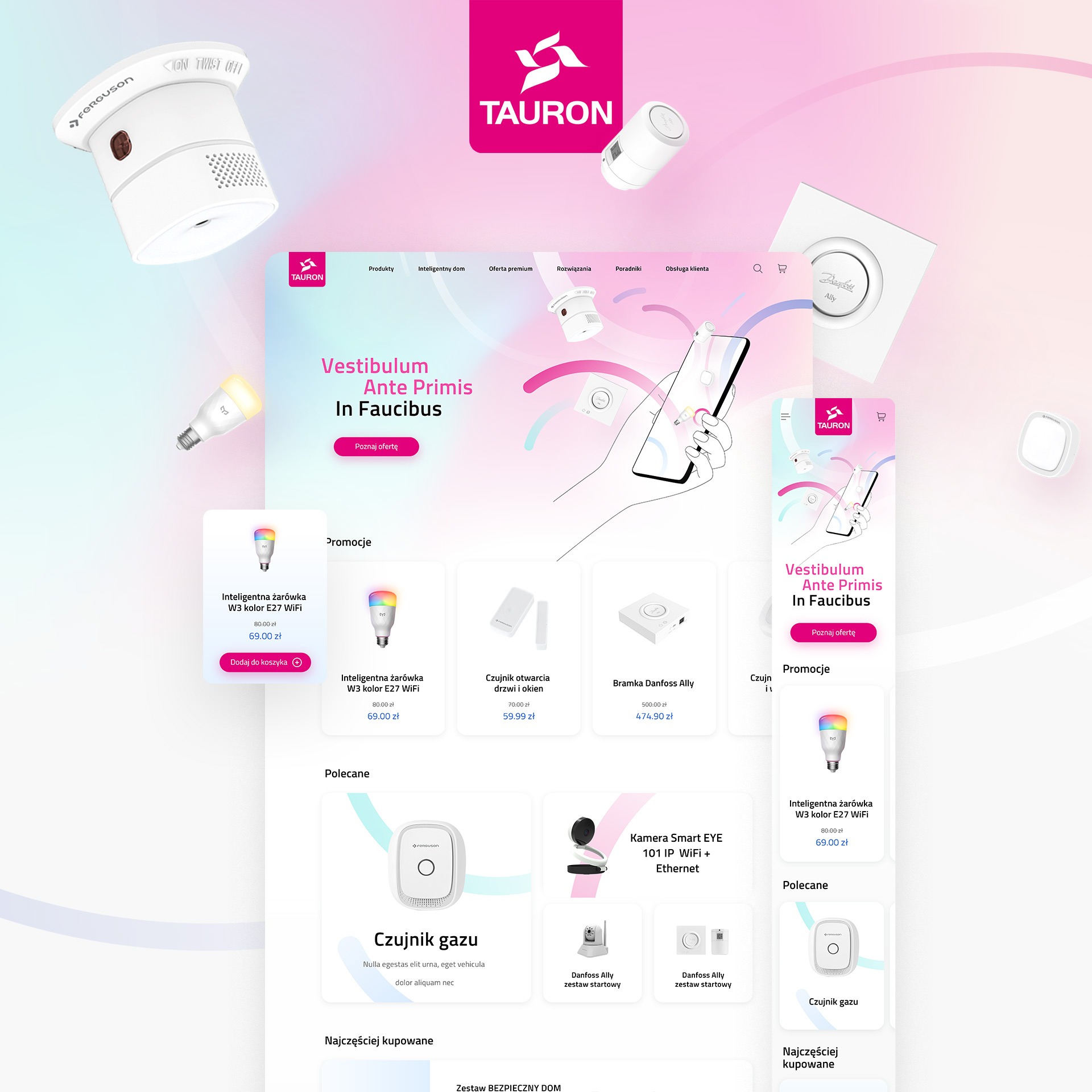 Grafika strony internetowej z elementami inteligentnego domu, w tym czujnikiem dymu, żarówką LED i czujnikiem otwarcia drzwi, prezentująca ofertę firmy Tauron.