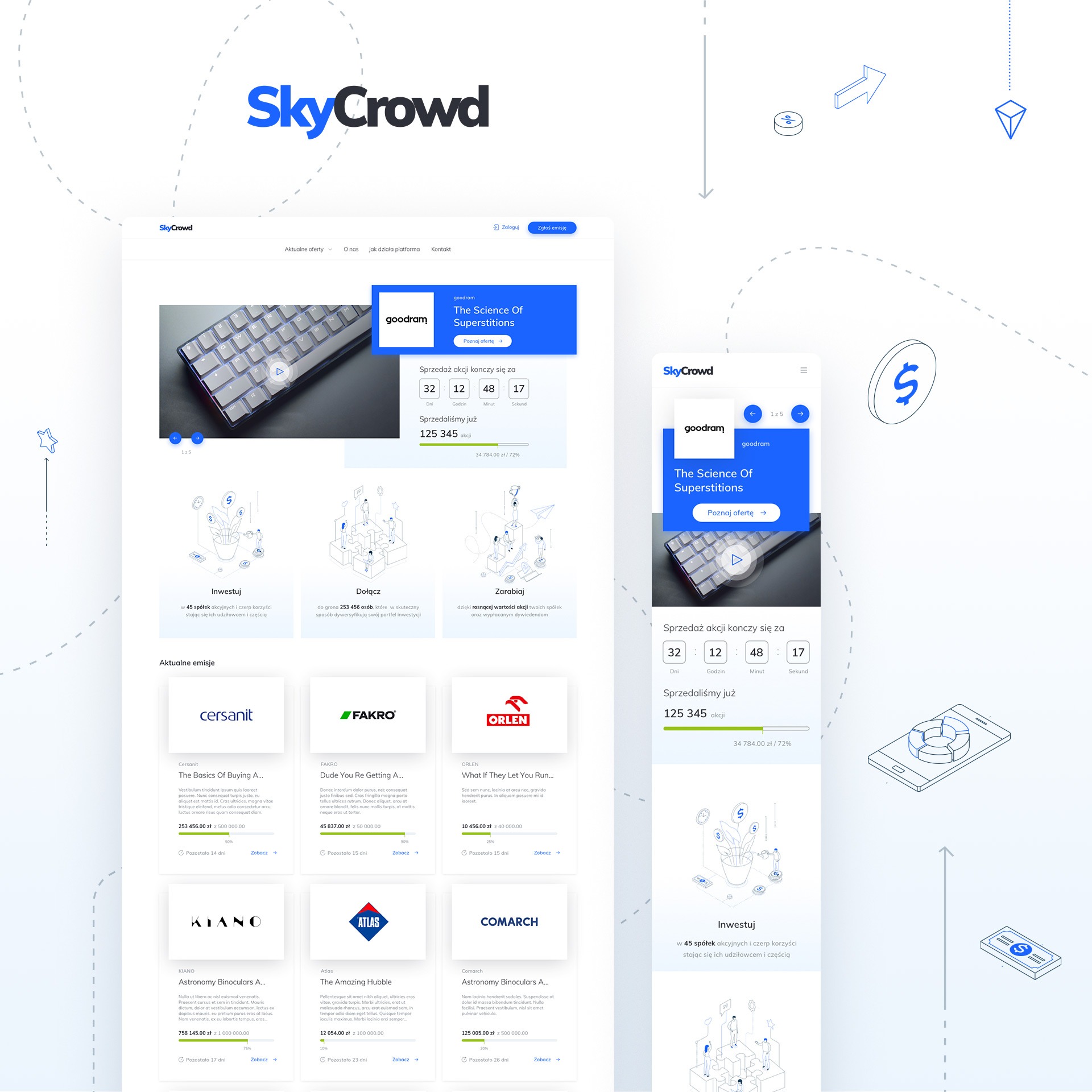 Projekt strony internetowej SkyCrowd prezentujący ofertę inwestycyjną, z widocznymi elementami interfejsu użytkownika, takimi jak licznik czasu do końca sprzedaży akcji, grafiki ilustrujące...