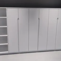 Biała szafa wnękowa z otwartymi półkami po lewej stronie, minimalistyczny design, widok z perspektywy, szara ściana w tle.