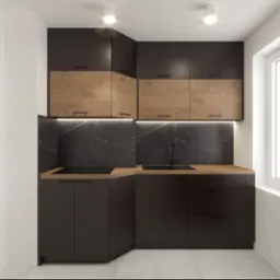 Kompaktowa kuchnia w ciemnych barwach z drewnianymi akcentami, czarnym blatem i marmurowym panelem ściennym, oświetlona ledowym paskiem pod szafkami górnymi.