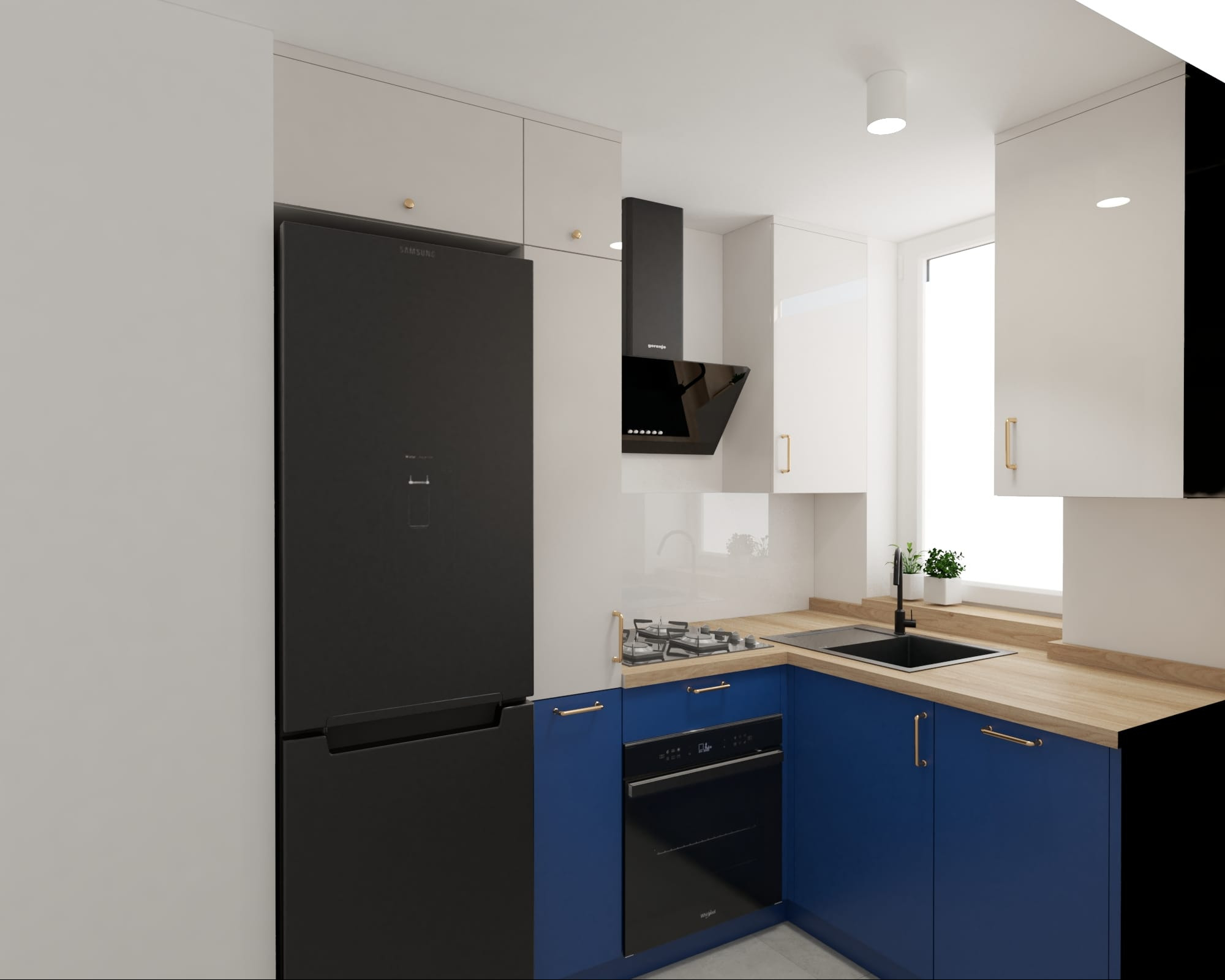 Wizualizacja nowoczesnej kuchni z granatowymi szafkami dolnymi, jasnymi górnymi, czarną lodówką Samsung i okapem Gorenje, drewnianym blatem oraz czarnym zlewem przy oknie.