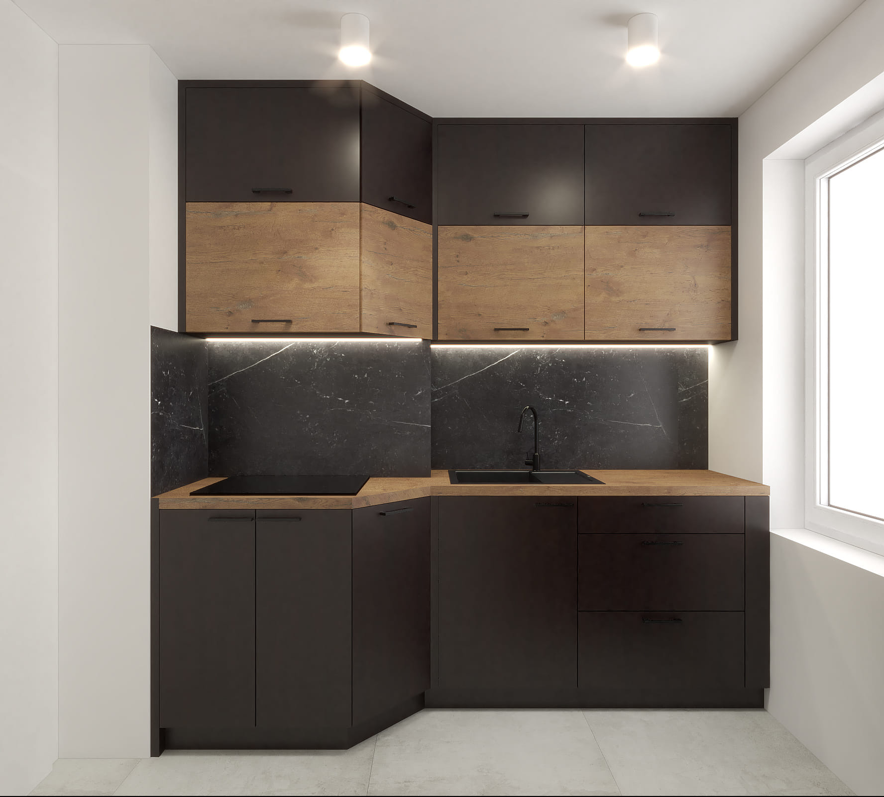 Kompaktowa kuchnia w ciemnych barwach z drewnianymi akcentami, czarnym blatem i marmurowym panelem ściennym, oświetlona ledowym paskiem pod szafkami górnymi.