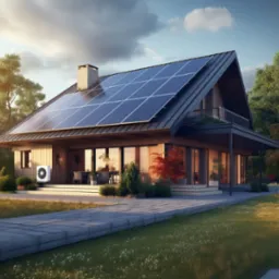 Dom jednorodzinny z panelami słonecznymi na dachu i pompą ciepła na zewnątrz, otoczony zielenią, z logo firmy w prawym górnym rogu.