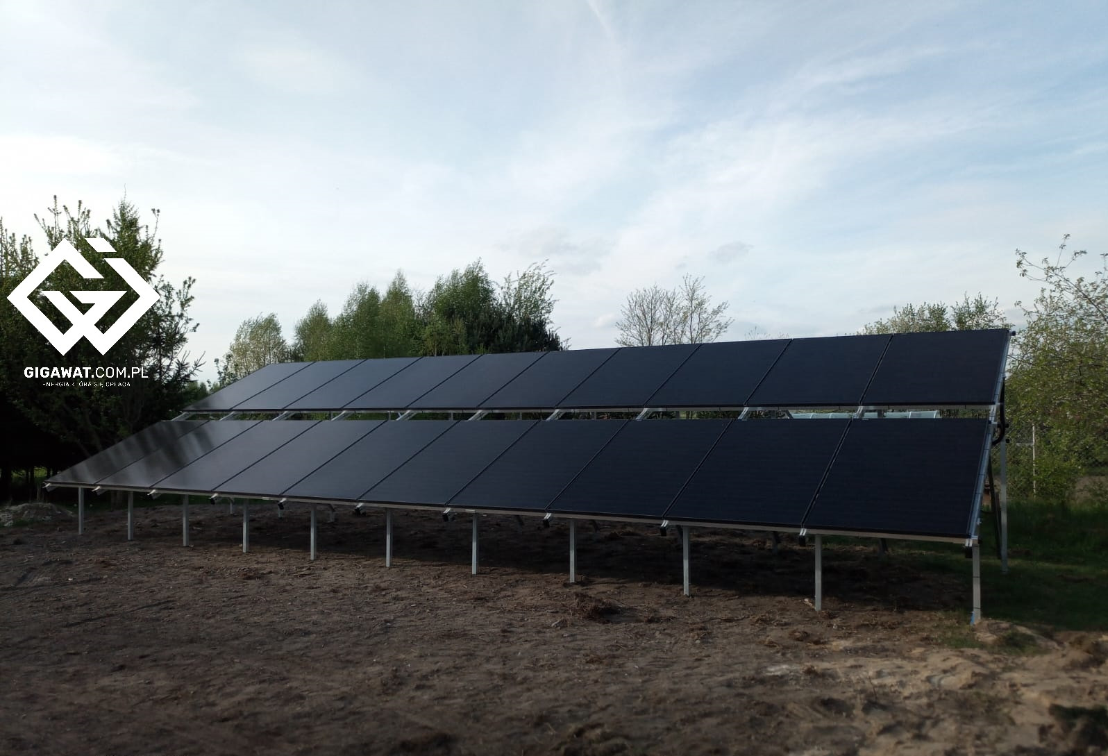 Rząd paneli słonecznych full black z podwójnego szkła, zamontowany na metalowej konstrukcji na ziemi, widok z dołu, w tle drzewa i pochmurne niebo.
