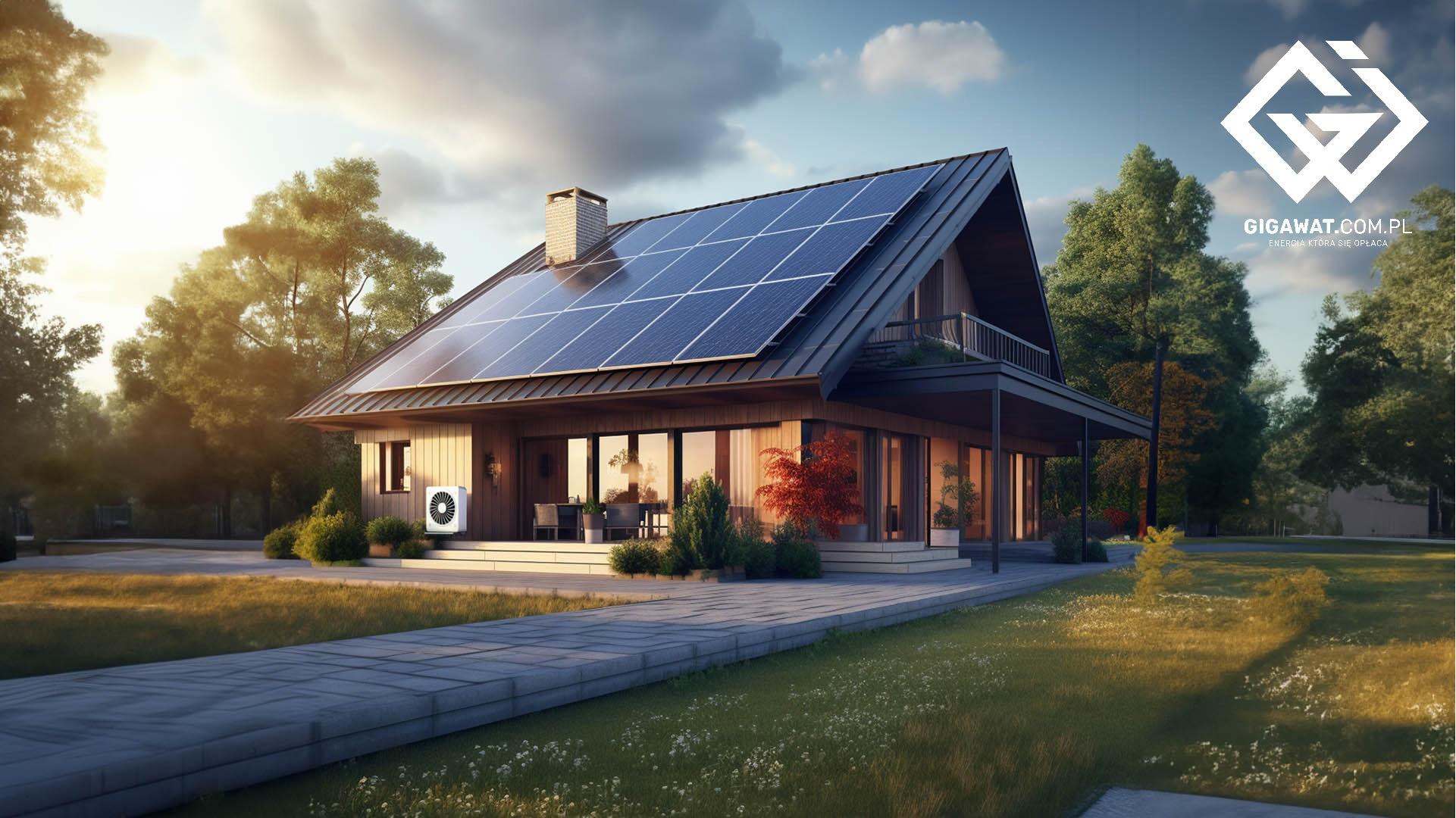 Dom jednorodzinny z panelami słonecznymi na dachu i pompą ciepła na zewnątrz, otoczony zielenią, z logo firmy w prawym górnym rogu.