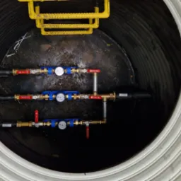 Wnętrze betonowego zbiornika z trzema rzędami instalacji wodociągowych z wodomierzami, zaworami i złączkami, widoczne żółte elementy drabinki.