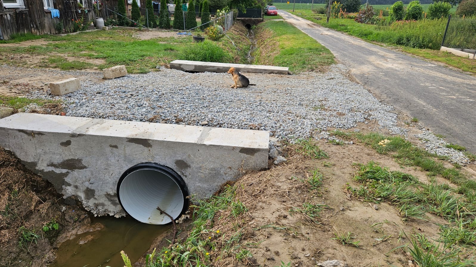 Przepust drogowy z rurą w Czeszowie, zasypany żwirem, z psem siedzącym na wierzchu, widok na polną drogę.