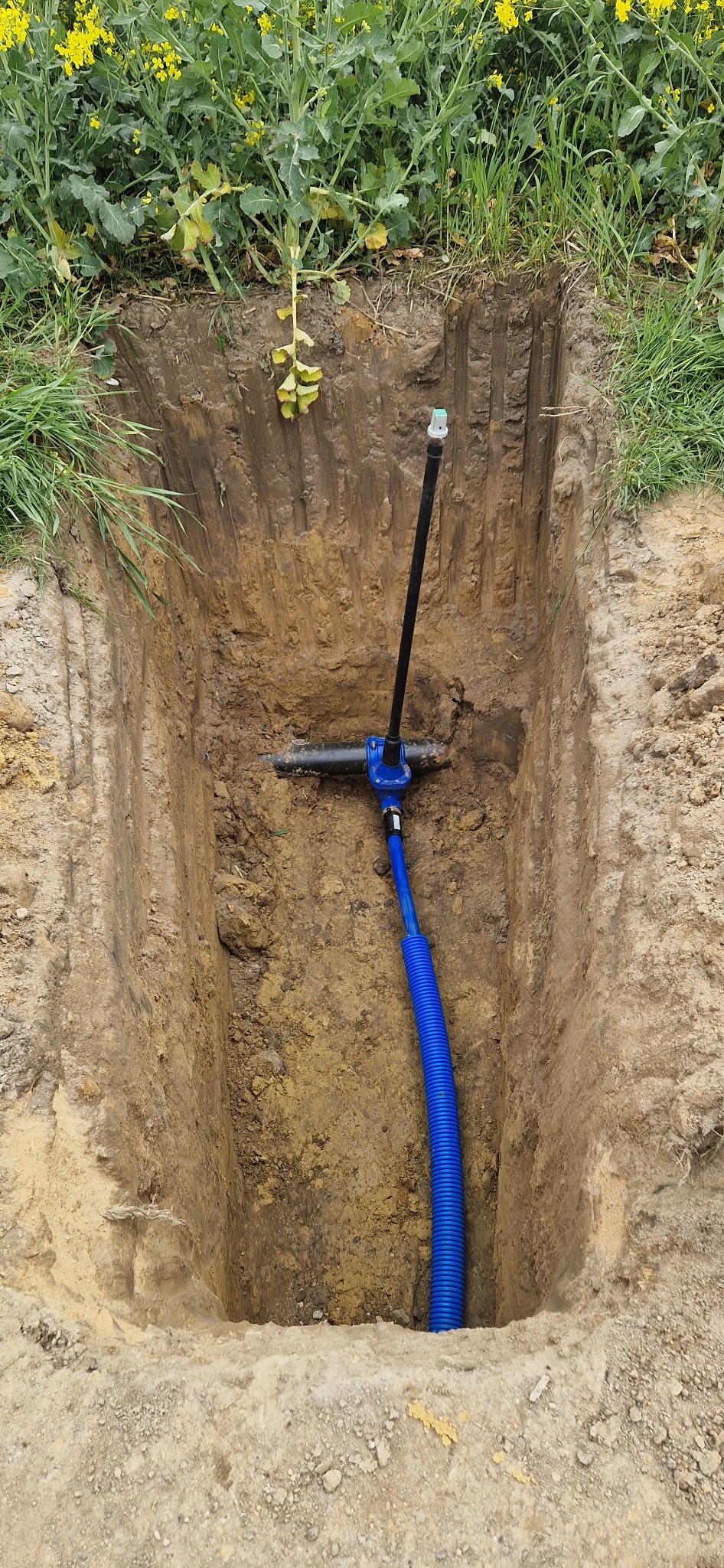 Głęboki wykop w ziemi z ułożonym niebieskim karbowanym przewodem, czarną rurą i elementami złącznymi, widok z góry, obok rosną żółte kwiaty.