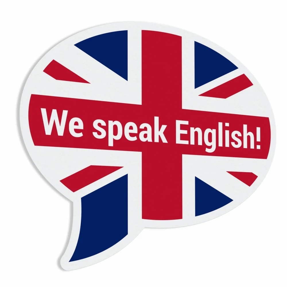 Naklejka w kształcie dymku z flagą Wielkiej Brytanii i napisem 'We speak English!'