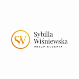 Logo firmy ubezpieczeniowej Sybilla Wiśniewska z pomarańczowym symbolem SW w okręgu.
