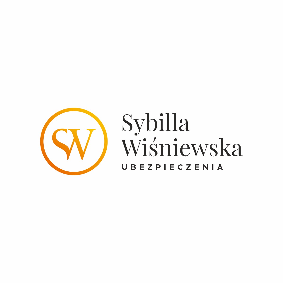 Logo firmy ubezpieczeniowej Sybilla Wiśniewska z pomarańczowym symbolem SW w okręgu.