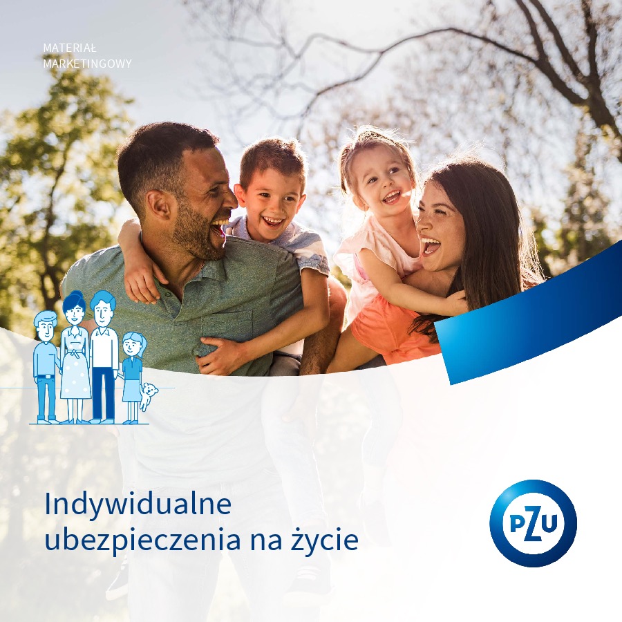 Uśmiechnięta rodzina w parku: ojciec z synem na barana, matka z córką na barana, ilustracja rodziny, logo PZU i napis 'Indywidualne ubezpieczenia na życie'.