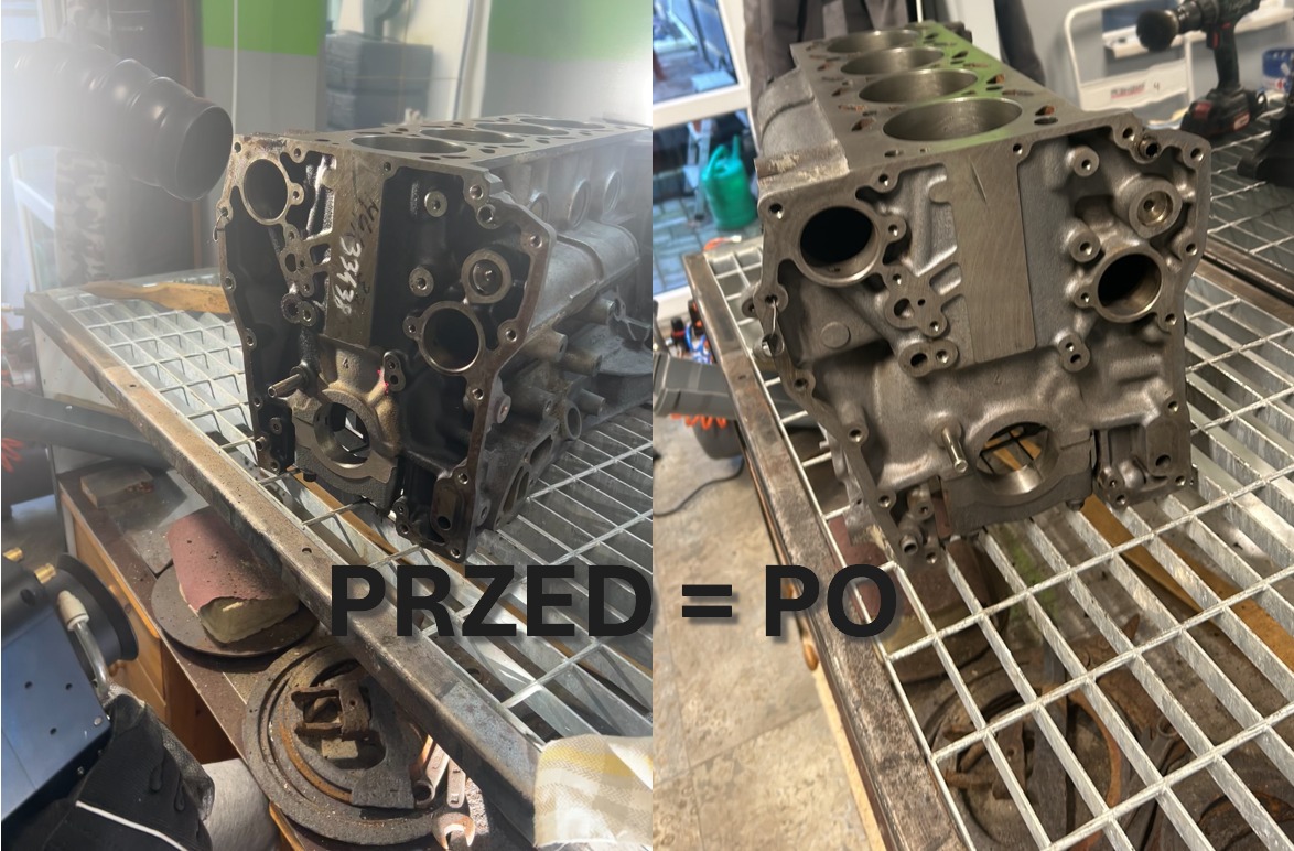 Blok silnika spalinowego podzielony na dwie części: lewa strona przed czyszczeniem, z widocznymi zabrudzeniami i nagarem, prawa strona po czyszczeniu, o jaśniejszej, metalicznej powierzchni.